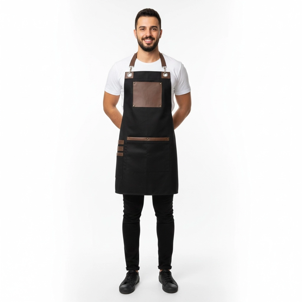 Deri Detaylı Trend Askılı Barista Önlük