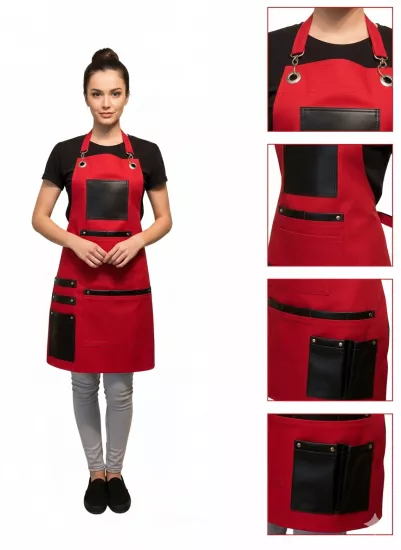 Deri Detaylı Trend Askılı Barista Önlük